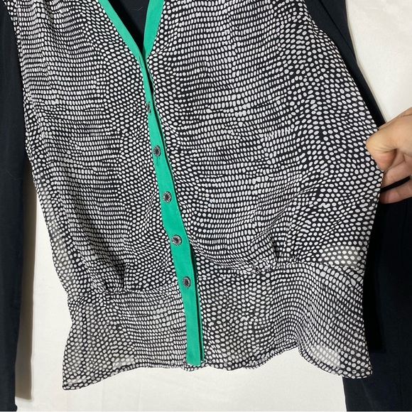 Vintage Spanner Black White Dots Print Button Up Blouse with Green Trim 2 - Picture 9 of 15